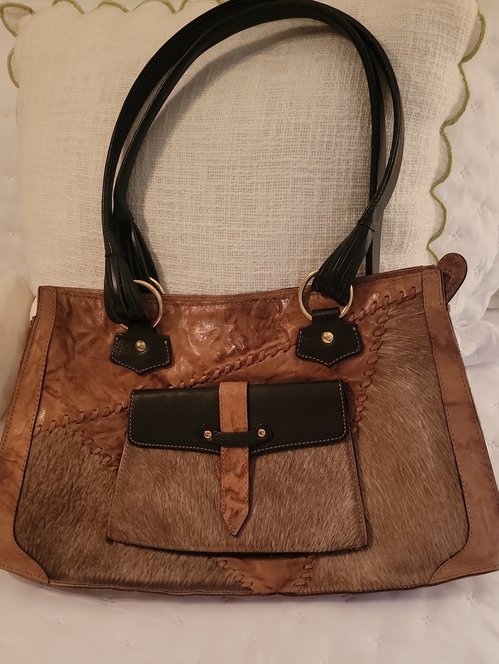 Nardelli Italian Leather Brown Shoulder Bag with Calf Hair Accents, Dust Bag